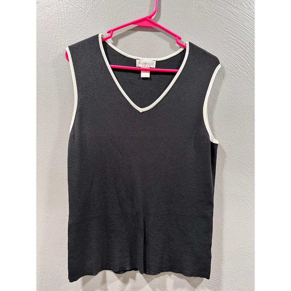Worthington Black V-Neck Knit Sweater Vest White Trim Sleeveless Top Women Large